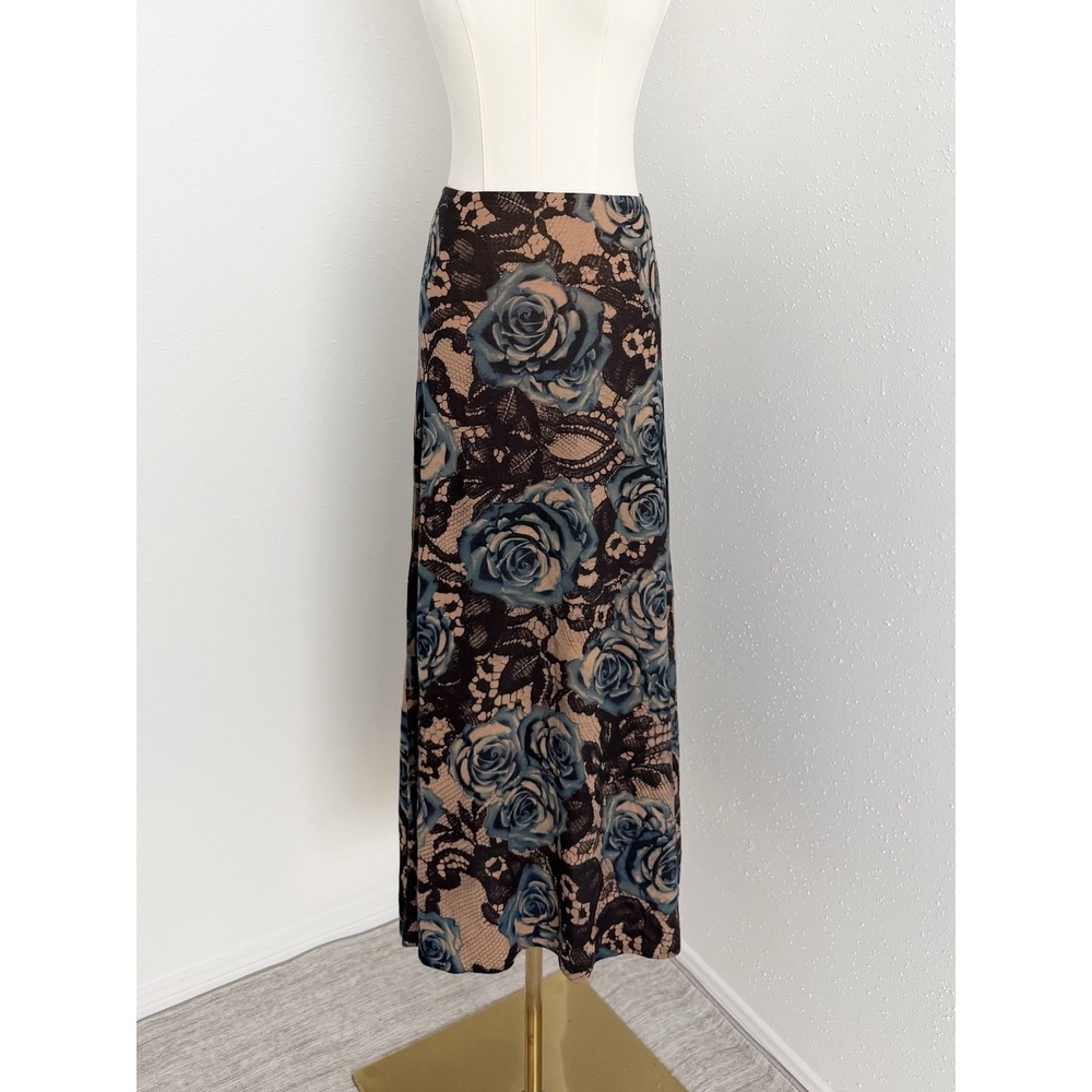 NWT Blue Rose Floral Maxi Skirt Black Lace Print Knit Whimsigoth Romantic Size S